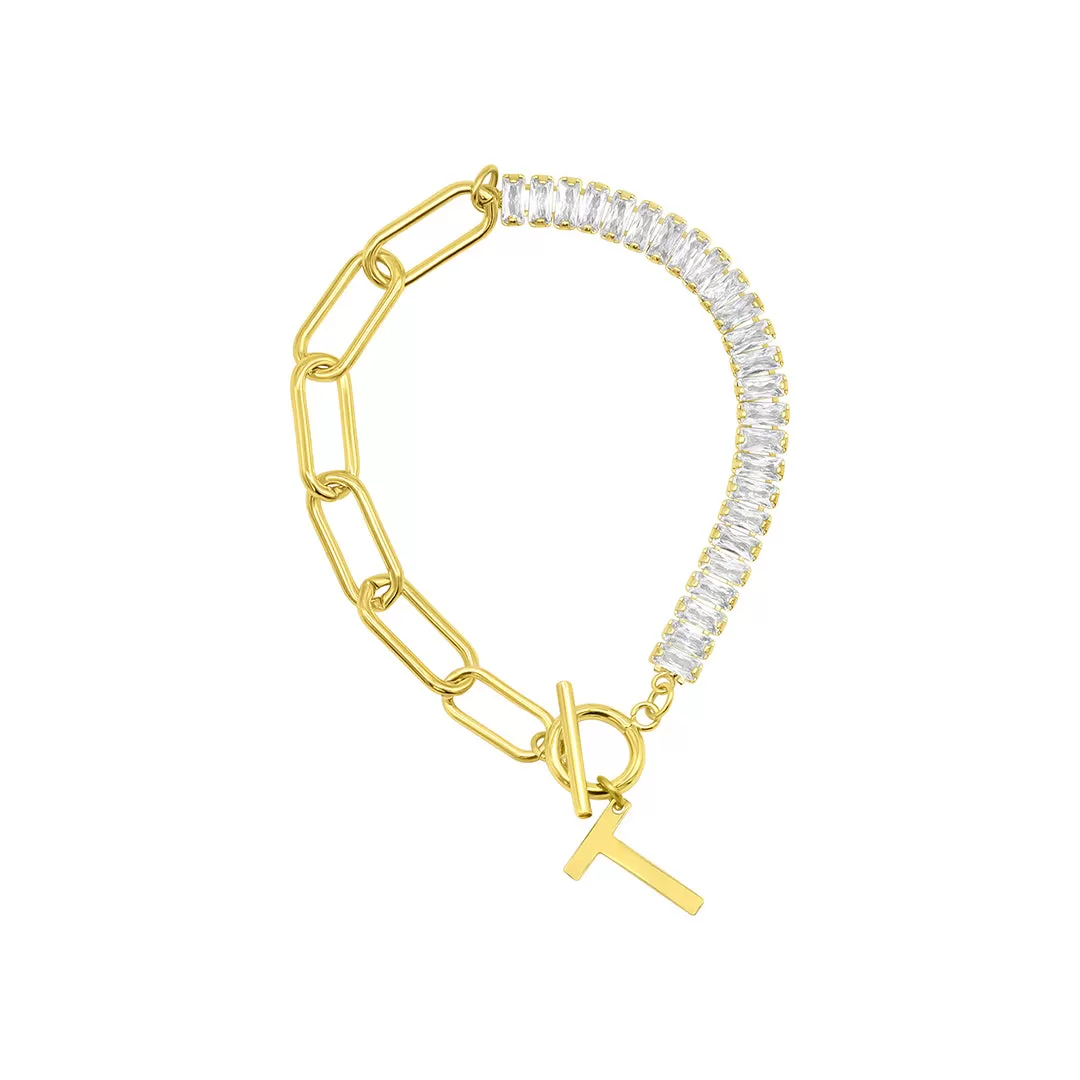 14 Gold Plated Half Crystal And Half Paperclip Initial Toggle Bracelet