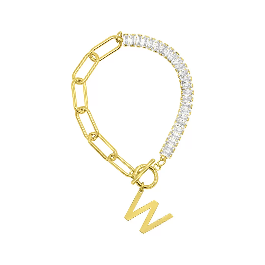 14 Gold Plated Half Crystal And Half Paperclip Initial Toggle Bracelet