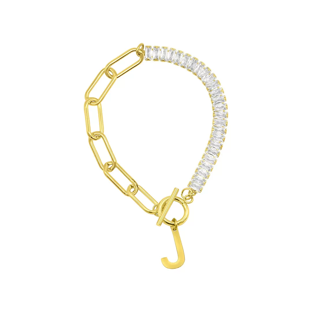 14 Gold Plated Half Crystal And Half Paperclip Initial Toggle Bracelet