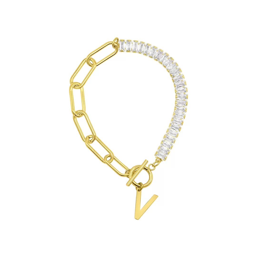 14 Gold Plated Half Crystal And Half Paperclip Initial Toggle Bracelet