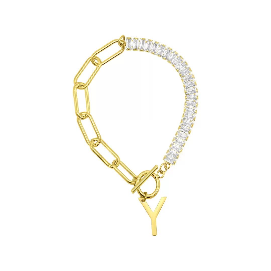 14 Gold Plated Half Crystal And Half Paperclip Initial Toggle Bracelet