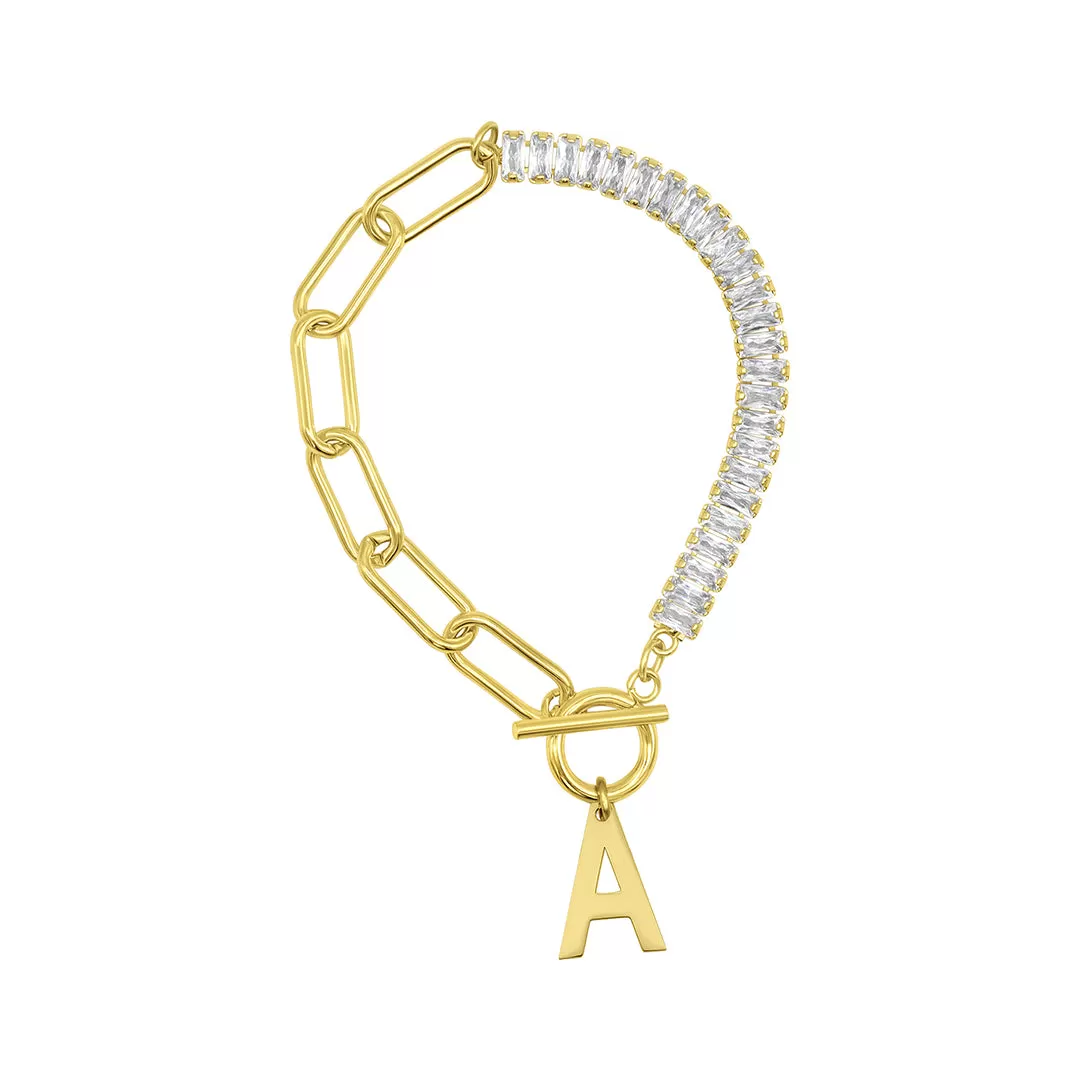 14 Gold Plated Half Crystal And Half Paperclip Initial Toggle Bracelet