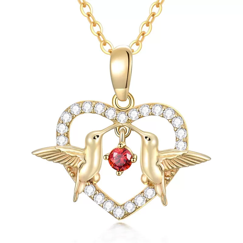 14K Gold Heart Necklace for Women, Real Yellow Gold Hummingbird Heart Pendant Necklace with Dancing Ruby, for Girls Ladies Mom Sisters