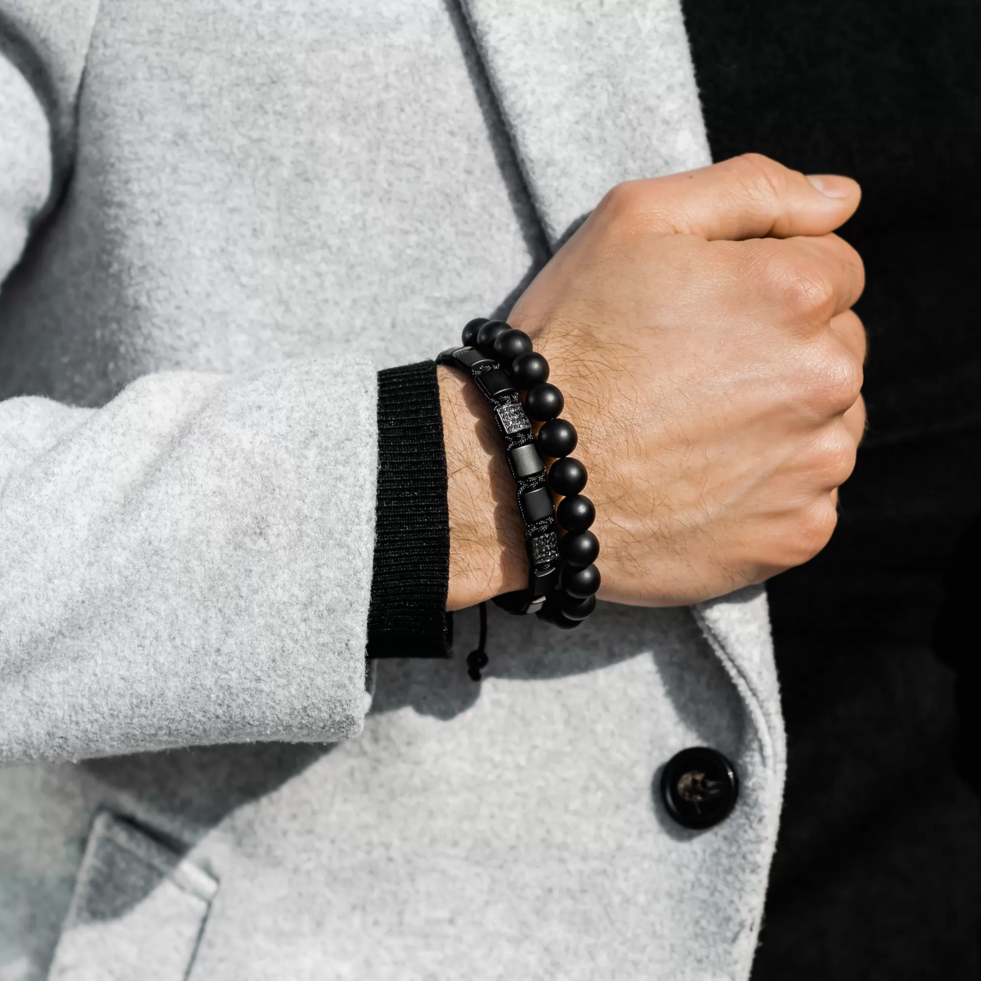 2 PIECE SET - Men's BLACK ONYX Single Bead Bracelet And Flatbead Bracelet