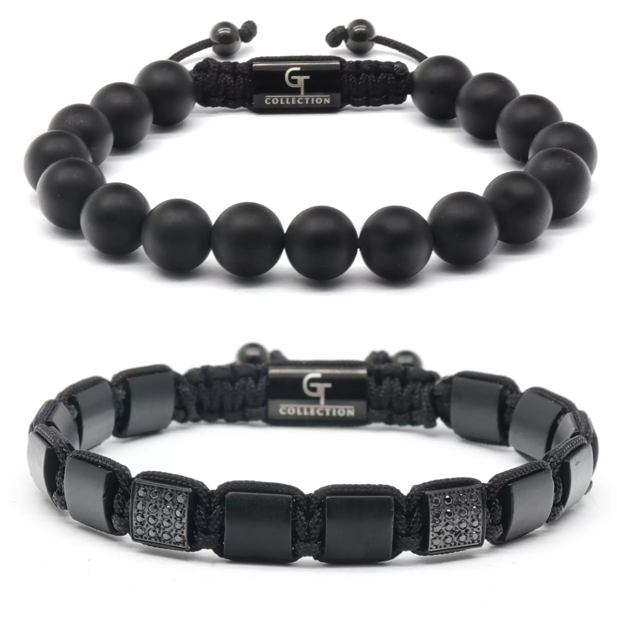 2 PIECE SET - Men's BLACK ONYX Single Bead Bracelet And Flatbead Bracelet