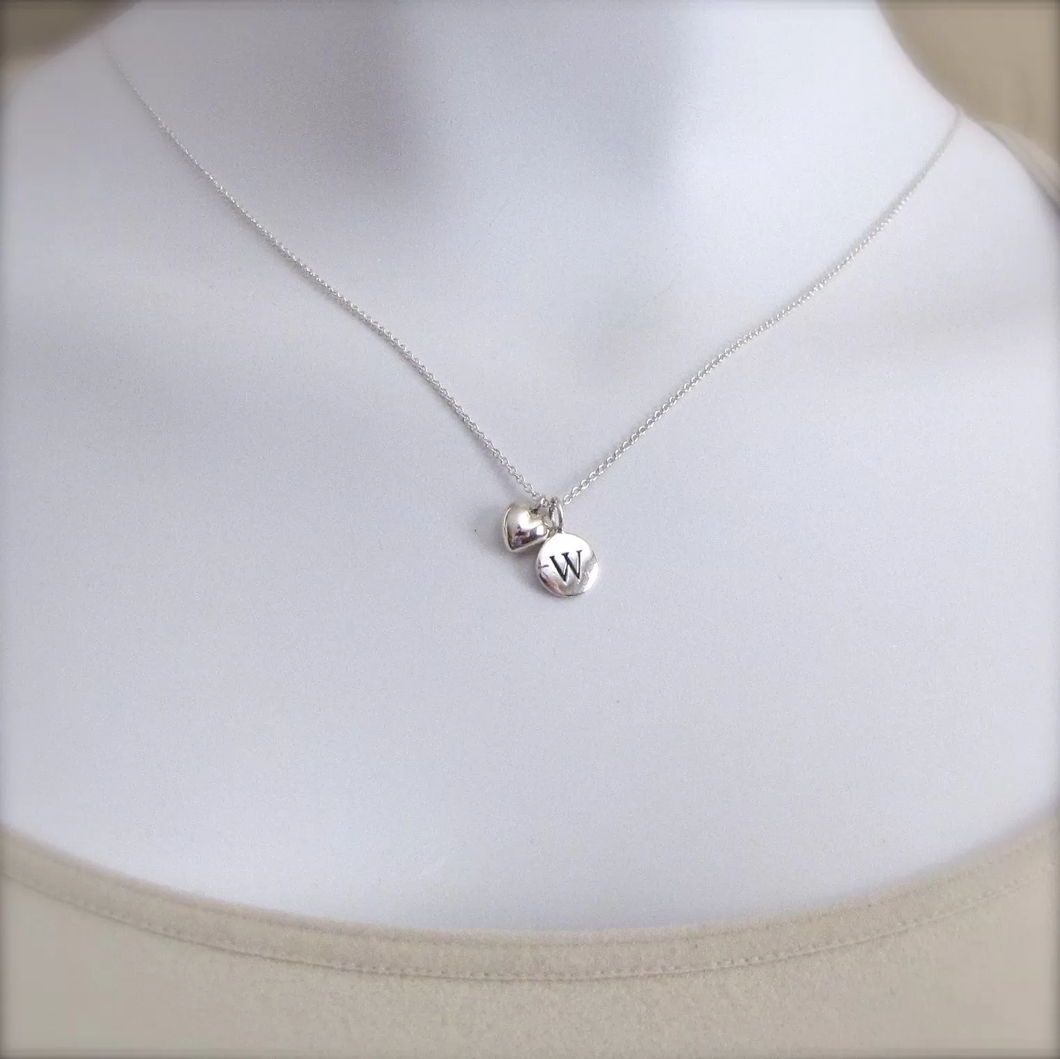 2 Silver Initial & Puffed Heart Charm Necklace