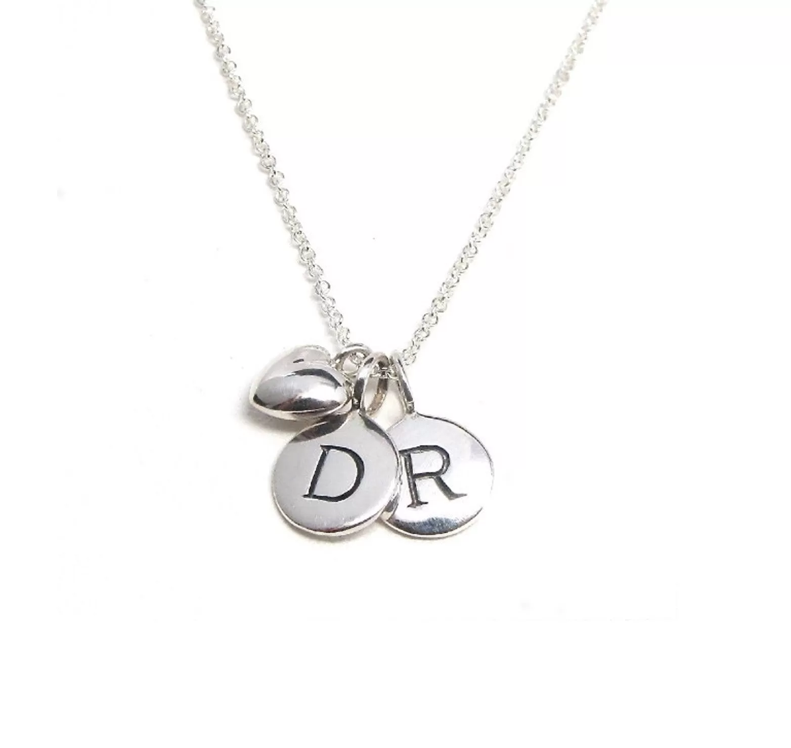 2 Silver Initial & Puffed Heart Charm Necklace