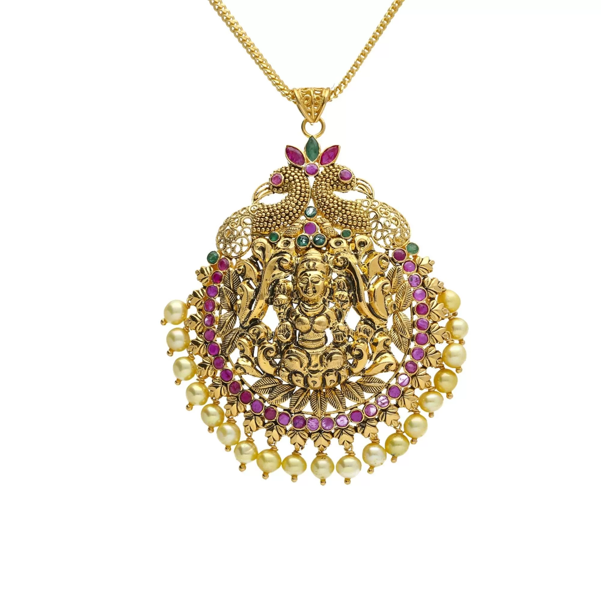 22K Yellow Antique Gold Laxmi Pendant W/ Pearls, Emeralds, Rubies & Peacock Accents