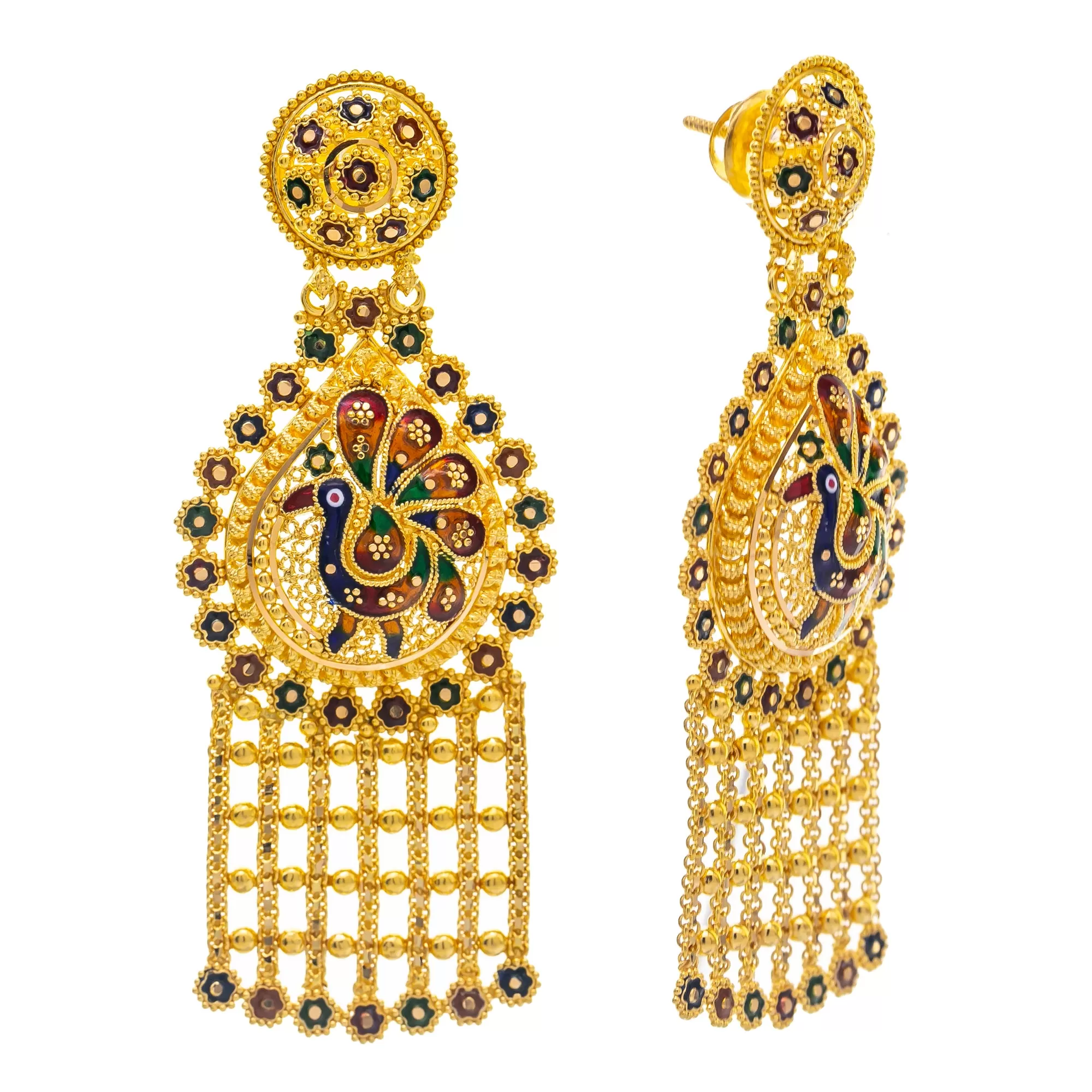 22K Yellow Gold & Enamel Peacock Long Necklace Set (104.4gm)