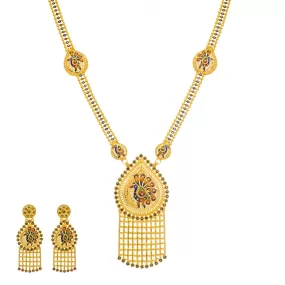 22K Yellow Gold & Enamel Peacock Long Necklace Set (104.4gm)