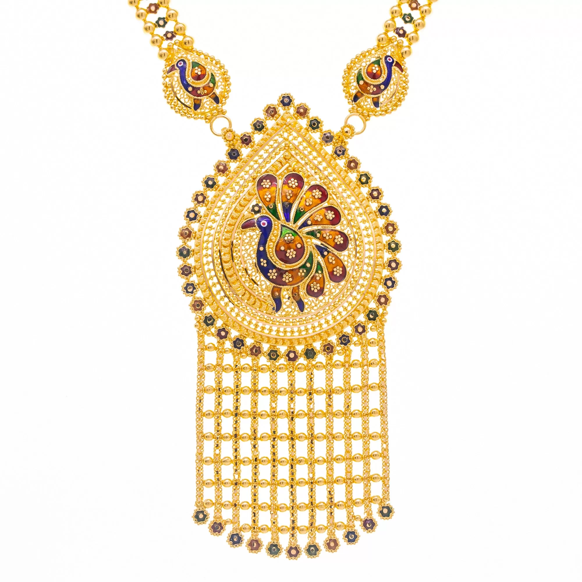 22K Yellow Gold & Enamel Peacock Long Necklace Set (104.4gm)