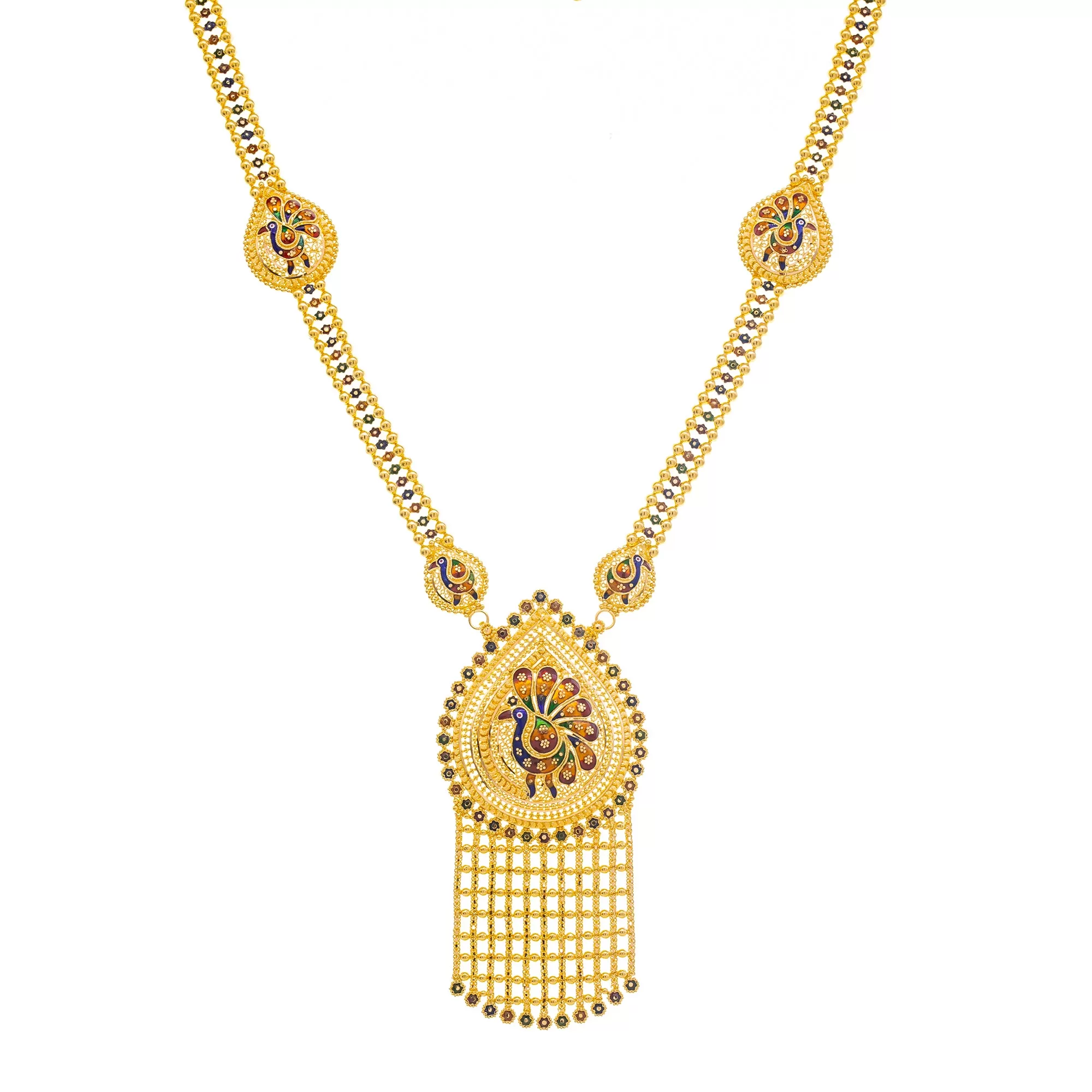 22K Yellow Gold & Enamel Peacock Long Necklace Set (104.4gm)