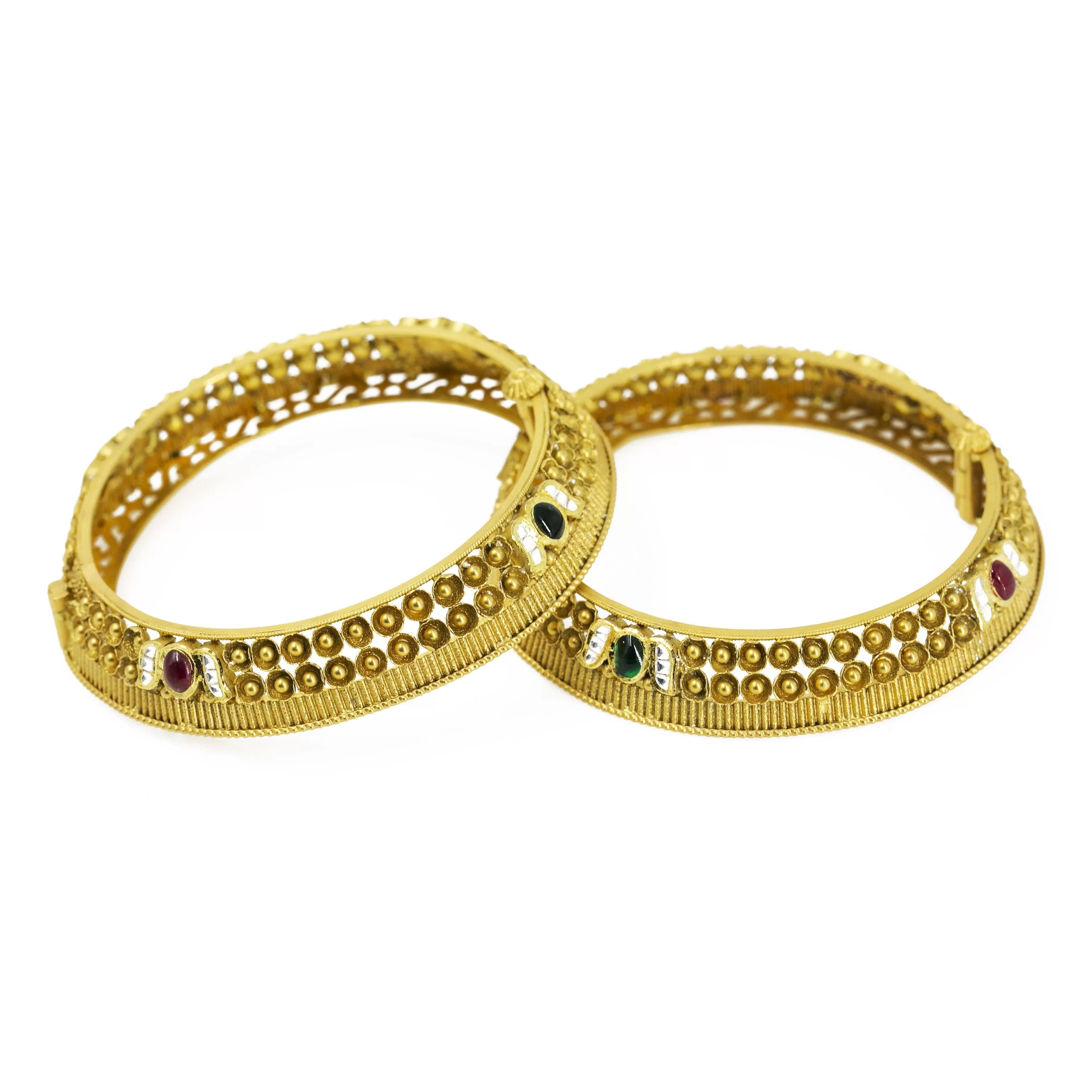 22K Yellow Gold Antique Bangles Set of 2 W/ Ruby, Emerald, CZ Stones & Screw Closure