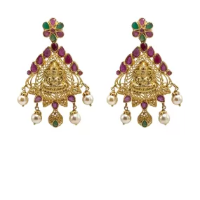 22K Yellow Gold Earrings W/ Rubies, Emeralds, Pearls & Engraved Laxmi Pendant