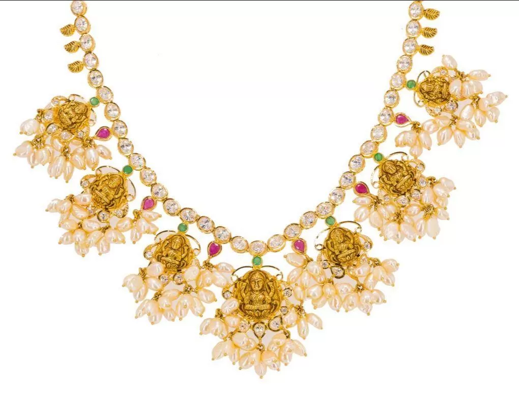 22K Yellow Gold Guttapusalu Necklace & Earrings Set W/ Rubies, Emeralds, CZ Gems, Cluster Pearls & Laxmi Accents