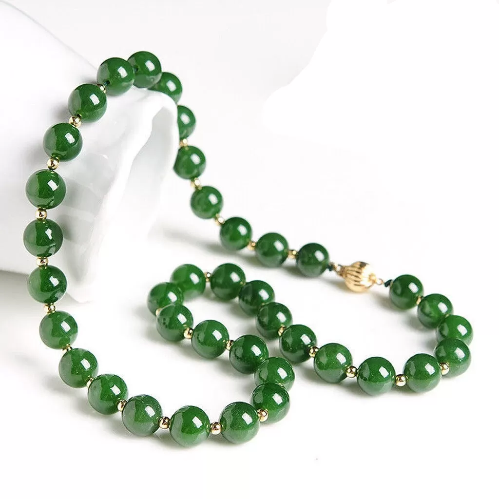 8mm Natural Round Dark Green Jade Gold Bead Necklace