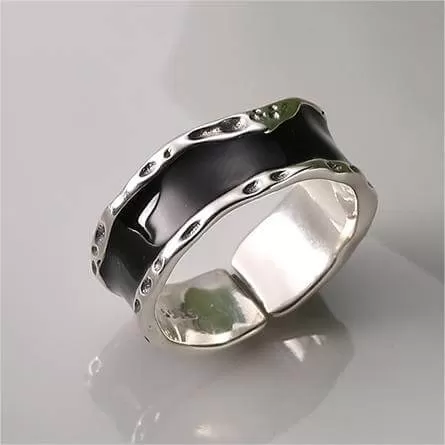 925 Sterling Silver Black Enamel Wave Plain Ring