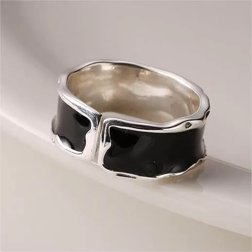 925 Sterling Silver Black Enamel Wave Plain Ring