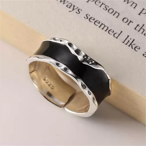 925 Sterling Silver Black Enamel Wave Plain Ring