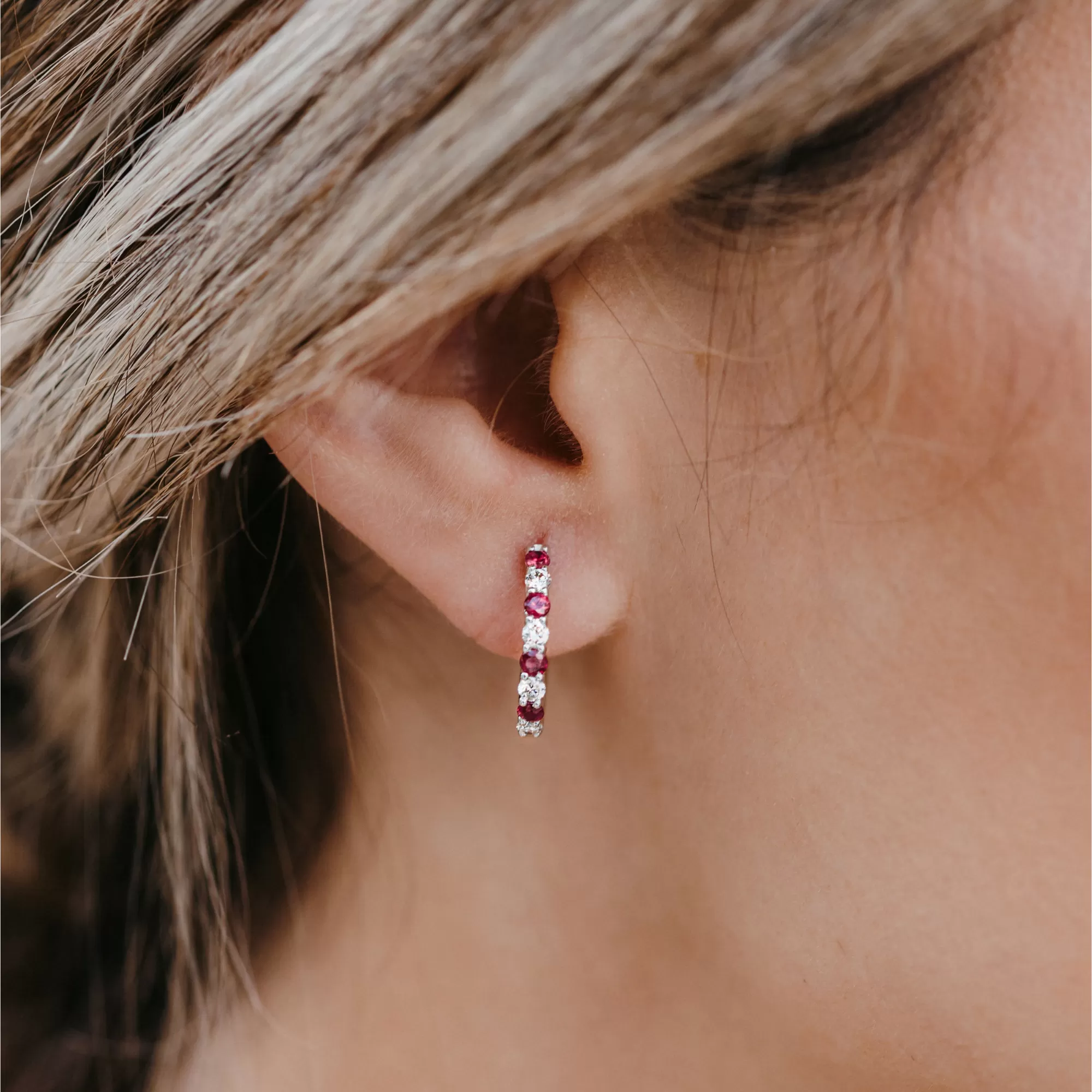 Alternating Ruby & Diamond Hoop Earrings