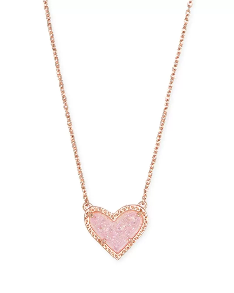 Ari Heart Short Pendant Necklace Rose Gold Pink Drusy by Kendra Scott