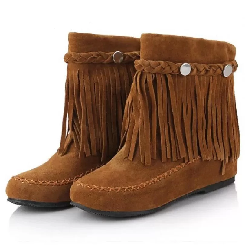 Ashore Shop boho ethnic national women tassel fringe Faux suede leather ankle boots