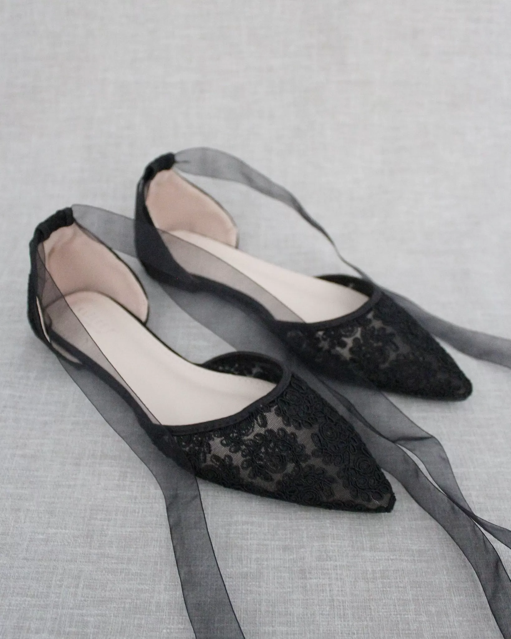 Black Crochet Lace Pointy Toe with Ballerina Lace Up or Ankle Tie