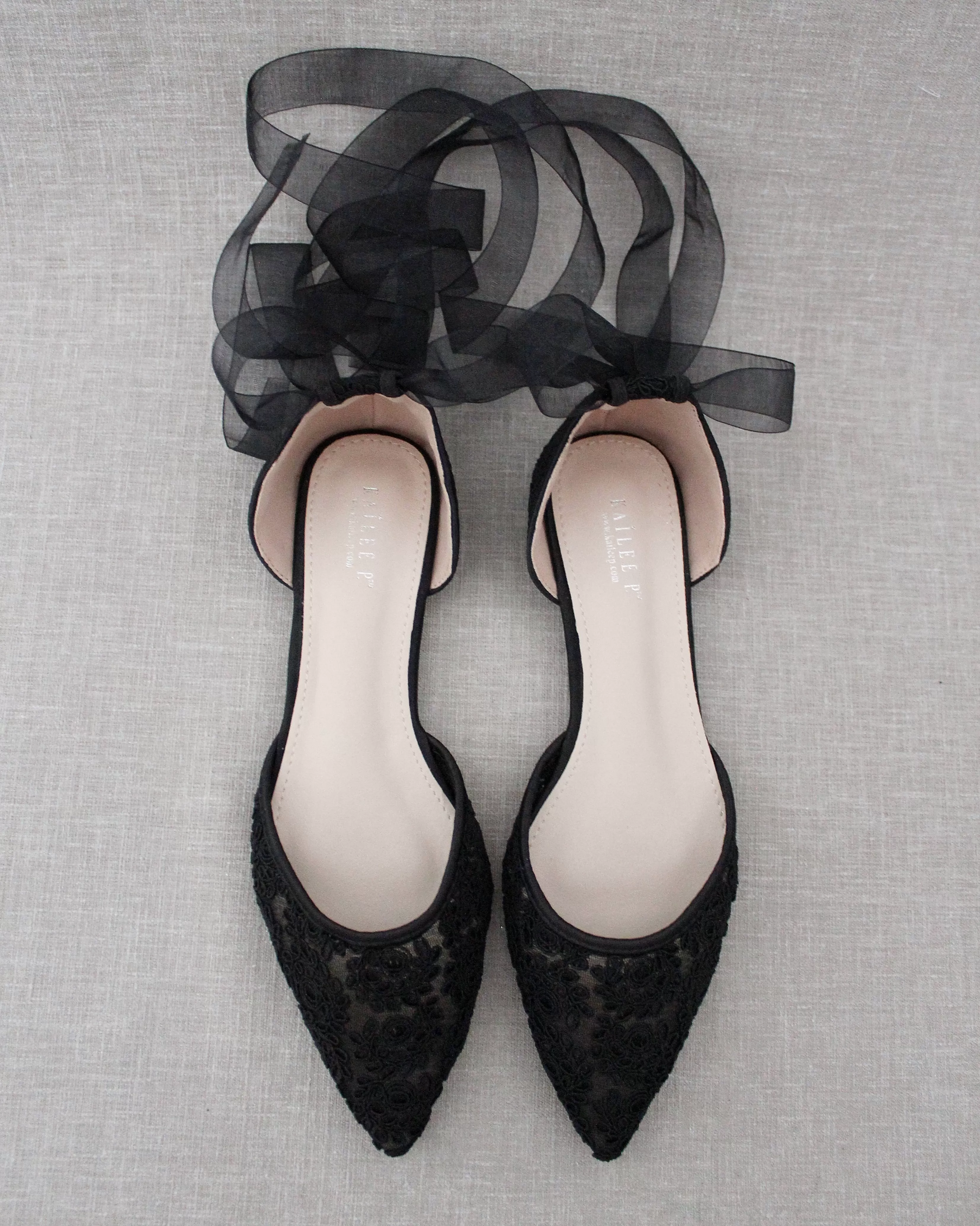 Black Crochet Lace Pointy Toe with Ballerina Lace Up or Ankle Tie