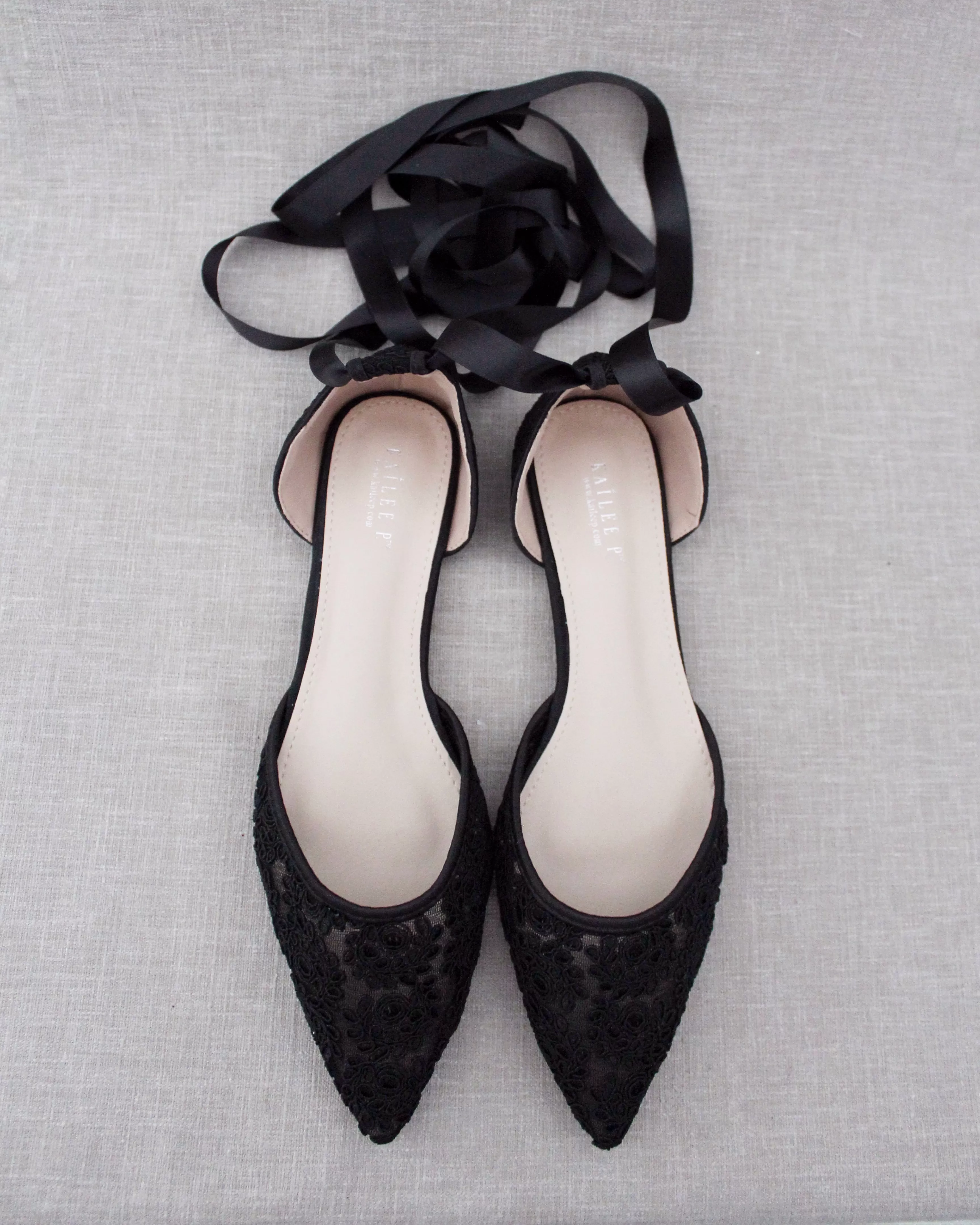 Black Crochet Lace Pointy Toe with Ballerina Lace Up or Ankle Tie