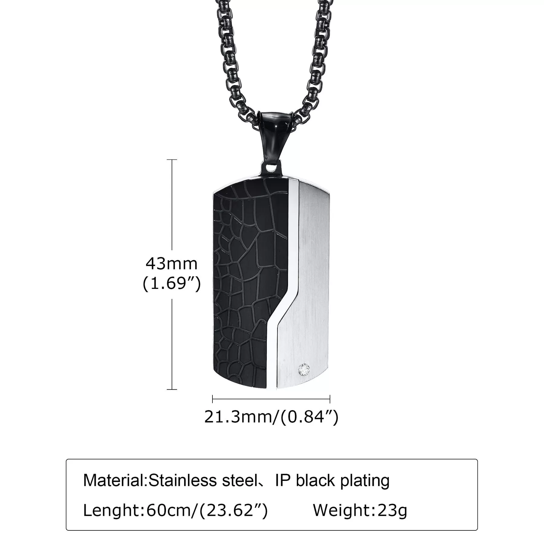 Black Silver Stainless Steel Dressy Dog Tag CZ Pendant Necklace