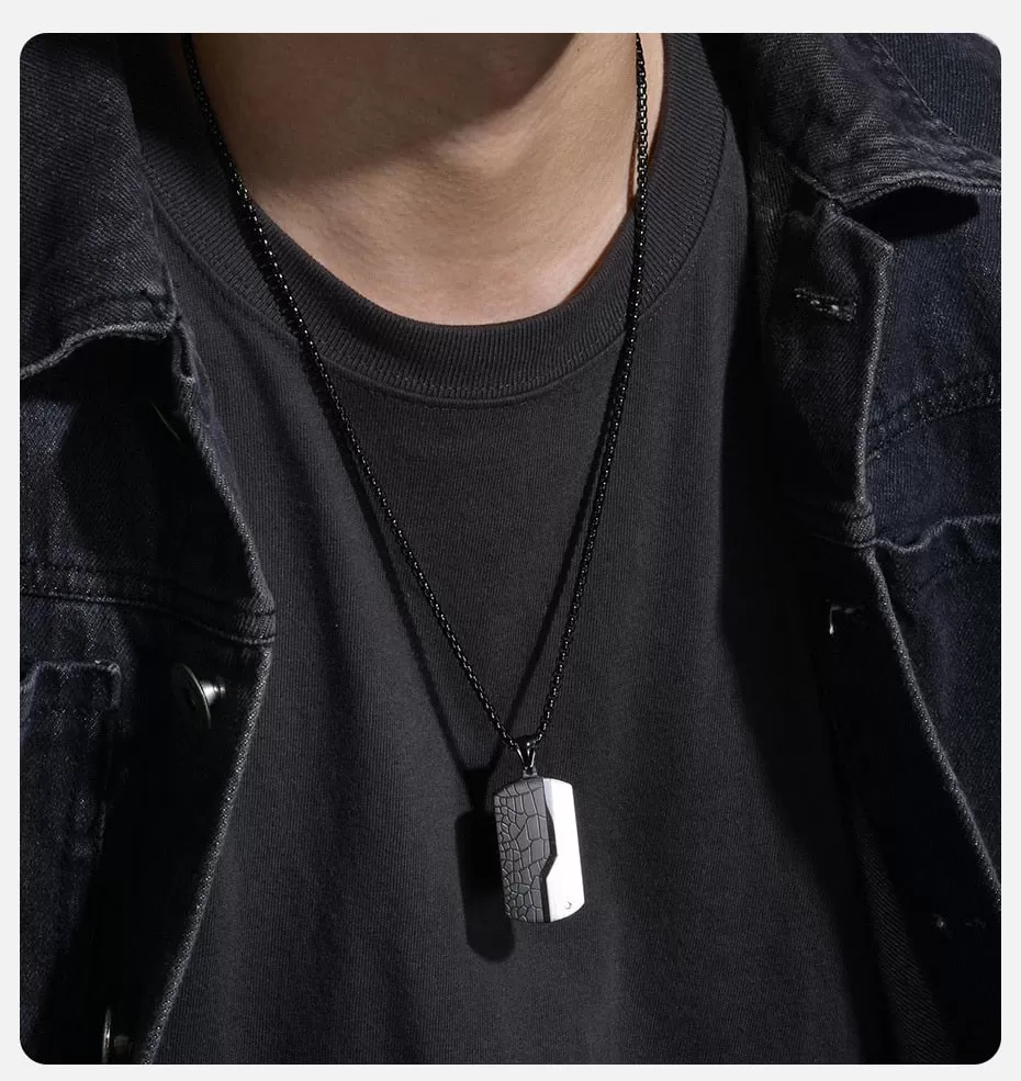 Black Silver Stainless Steel Dressy Dog Tag CZ Pendant Necklace