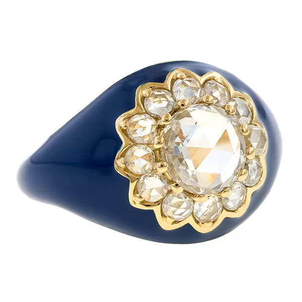 Blue Enamel Rose Cut Diamond Ring