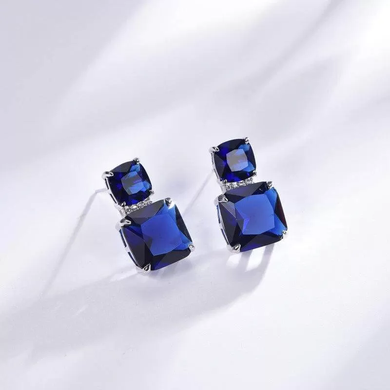 Blue Sapphire Radiant Cut Drop Earrings