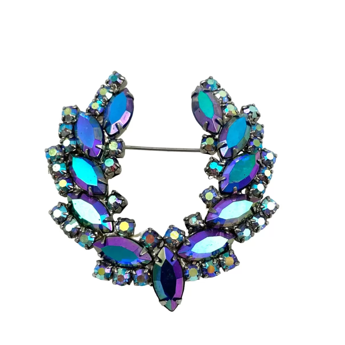 Blue Vitrail Rhinestone Wreath Brooch Vintage