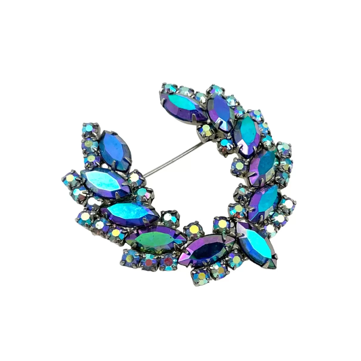 Blue Vitrail Rhinestone Wreath Brooch Vintage