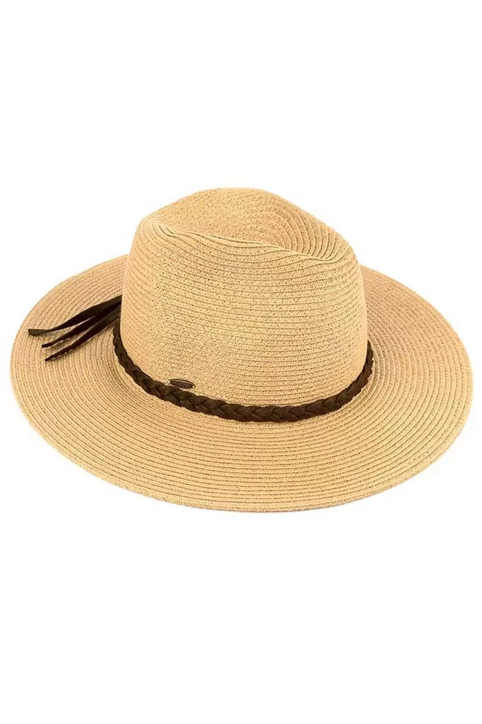 C.C Faux Leather Trim Straw Panama Hat