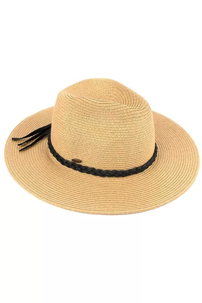 C.C Faux Leather Trim Straw Panama Hat