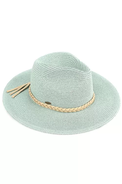 C.C Faux Leather Trim Straw Panama Hat