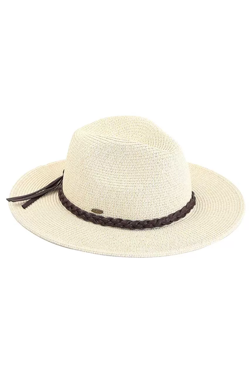 C.C Faux Leather Trim Straw Panama Hat