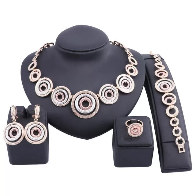 Concentric Rings Necklace, Bracelet, Earrings & Ring Wedding Statement Jewelry Set