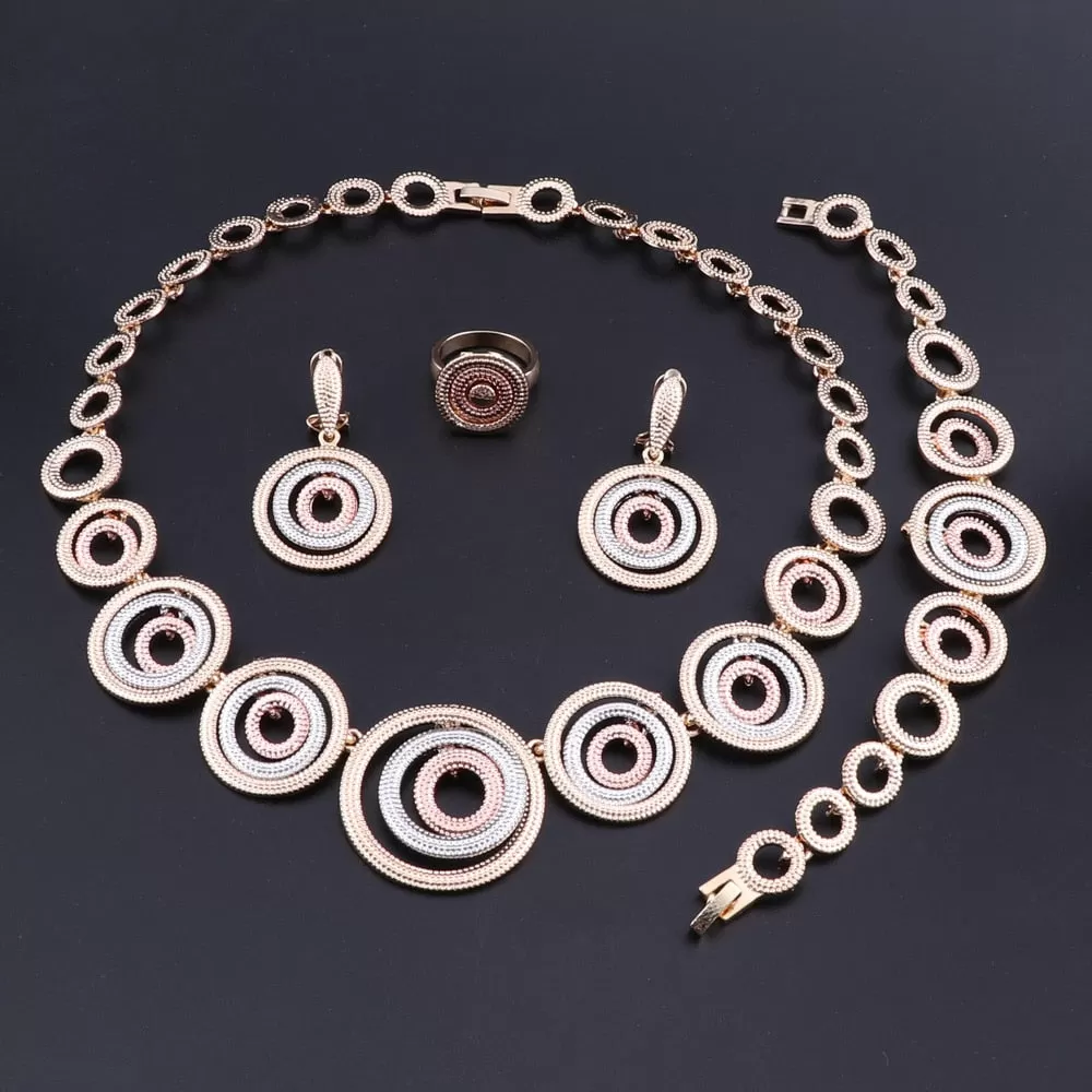 Concentric Rings Necklace, Bracelet, Earrings & Ring Wedding Statement Jewelry Set