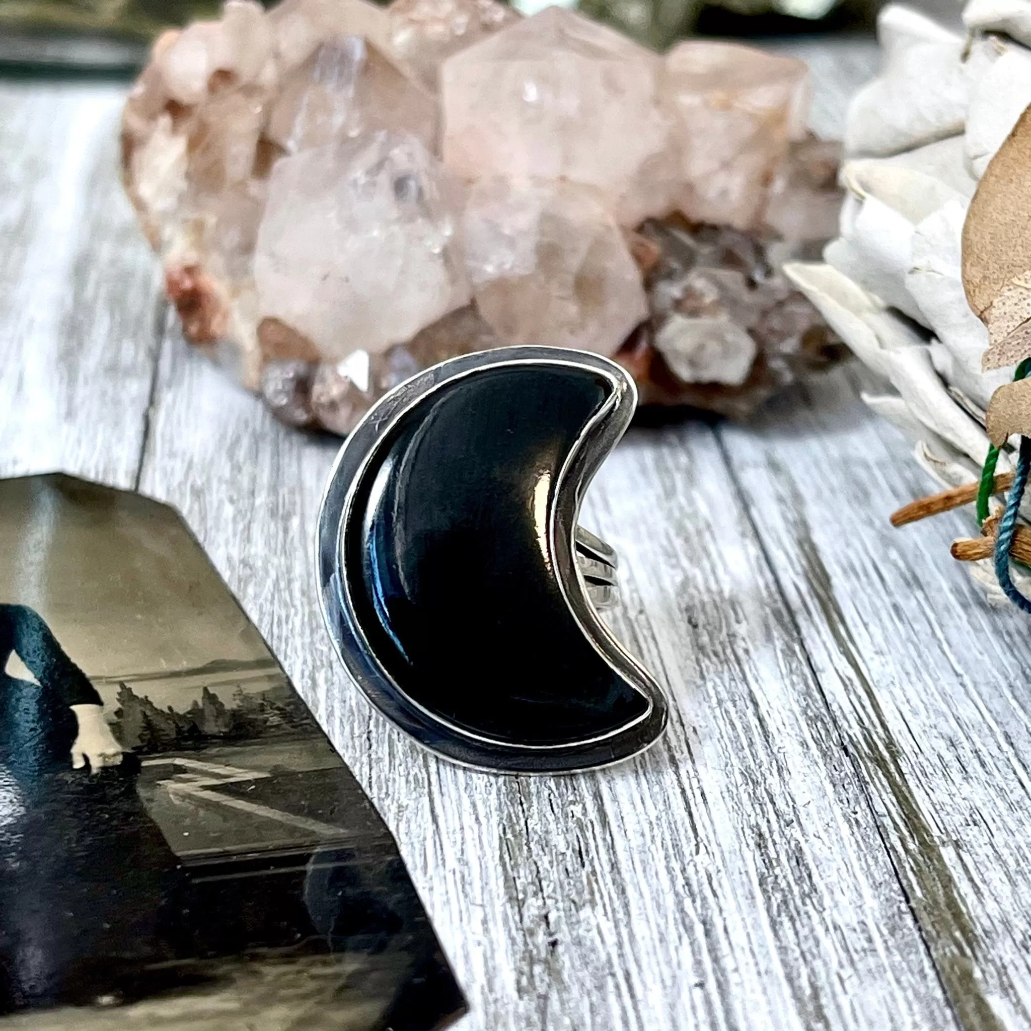 Crescent Moon Black Onyx Crystal Statement Ring in Sterling Silver- Designed by FOXLARK Collection Size 5 6 7 8 9 10 11 / Gothic Jewelry