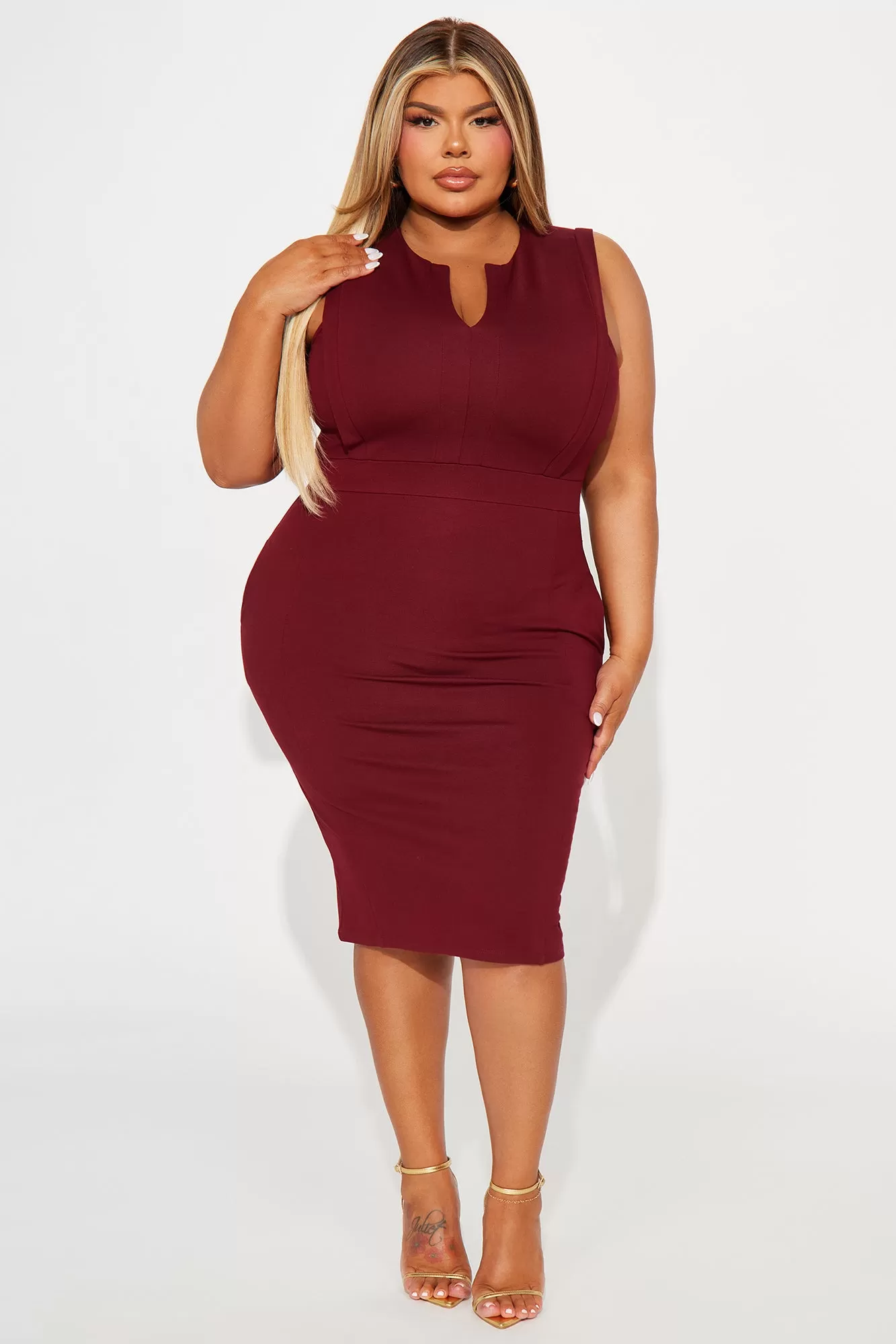 Cubicle Cutie Midi Dress - Burgundy/combo