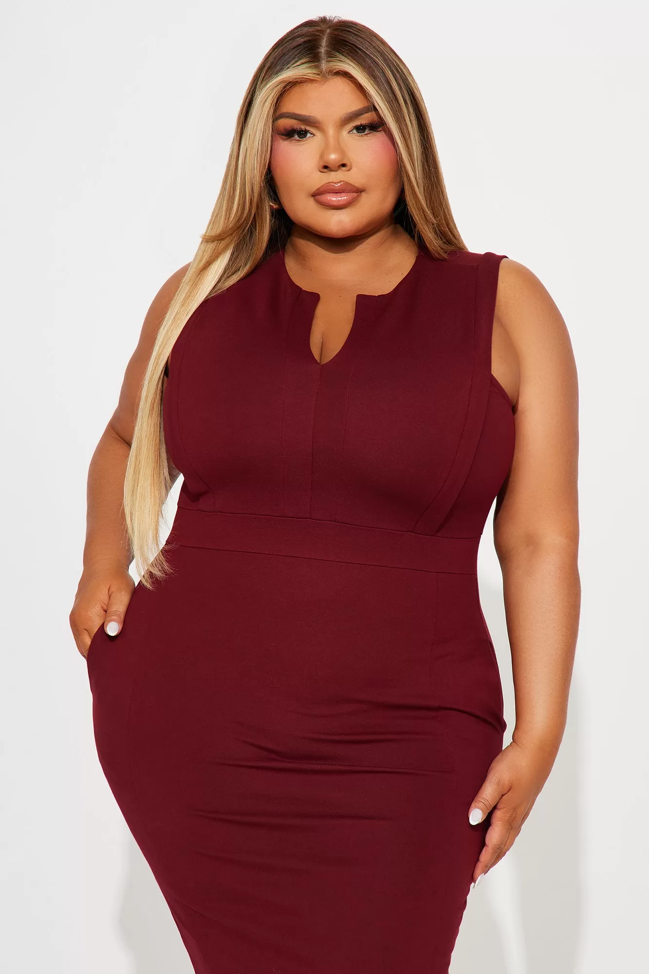 Cubicle Cutie Midi Dress - Burgundy/combo