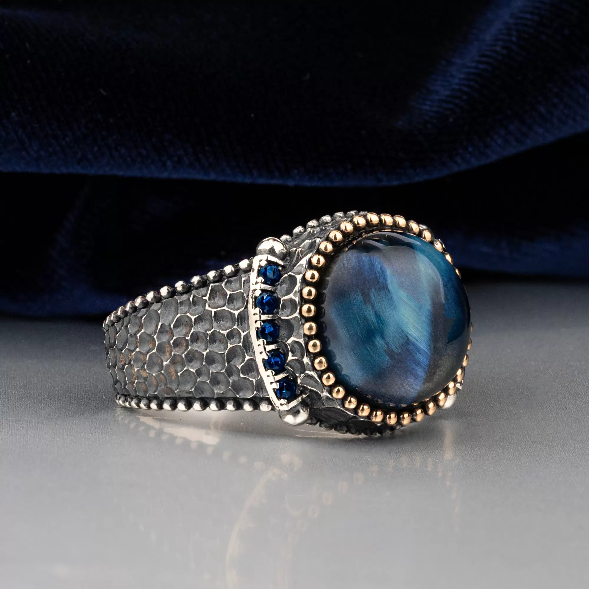 Domic Blue Tiger Eye Stone Circle Silver Men's Ring with Blue Zircons on Sides