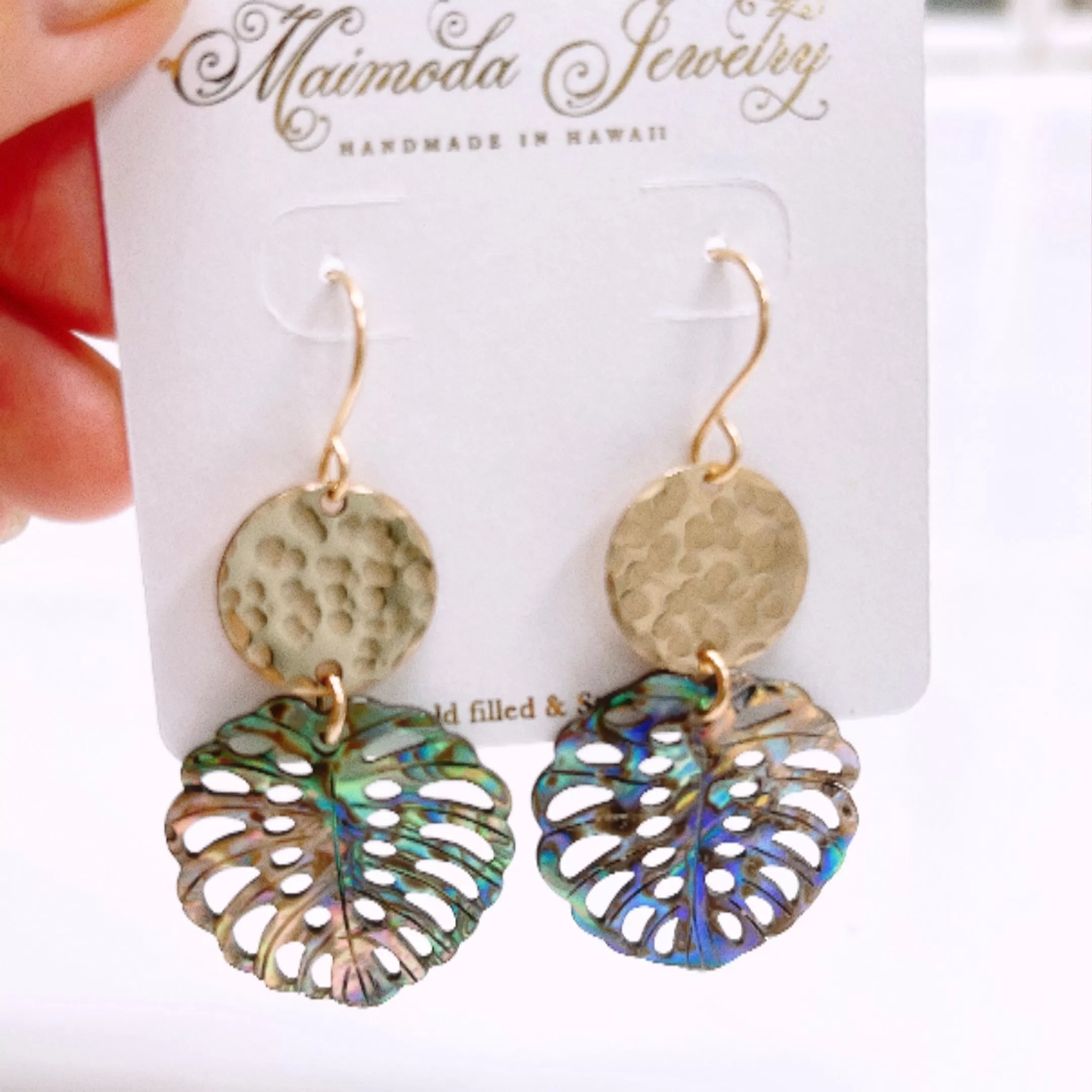 Earrings Maui - abalone shell monstera (E631)