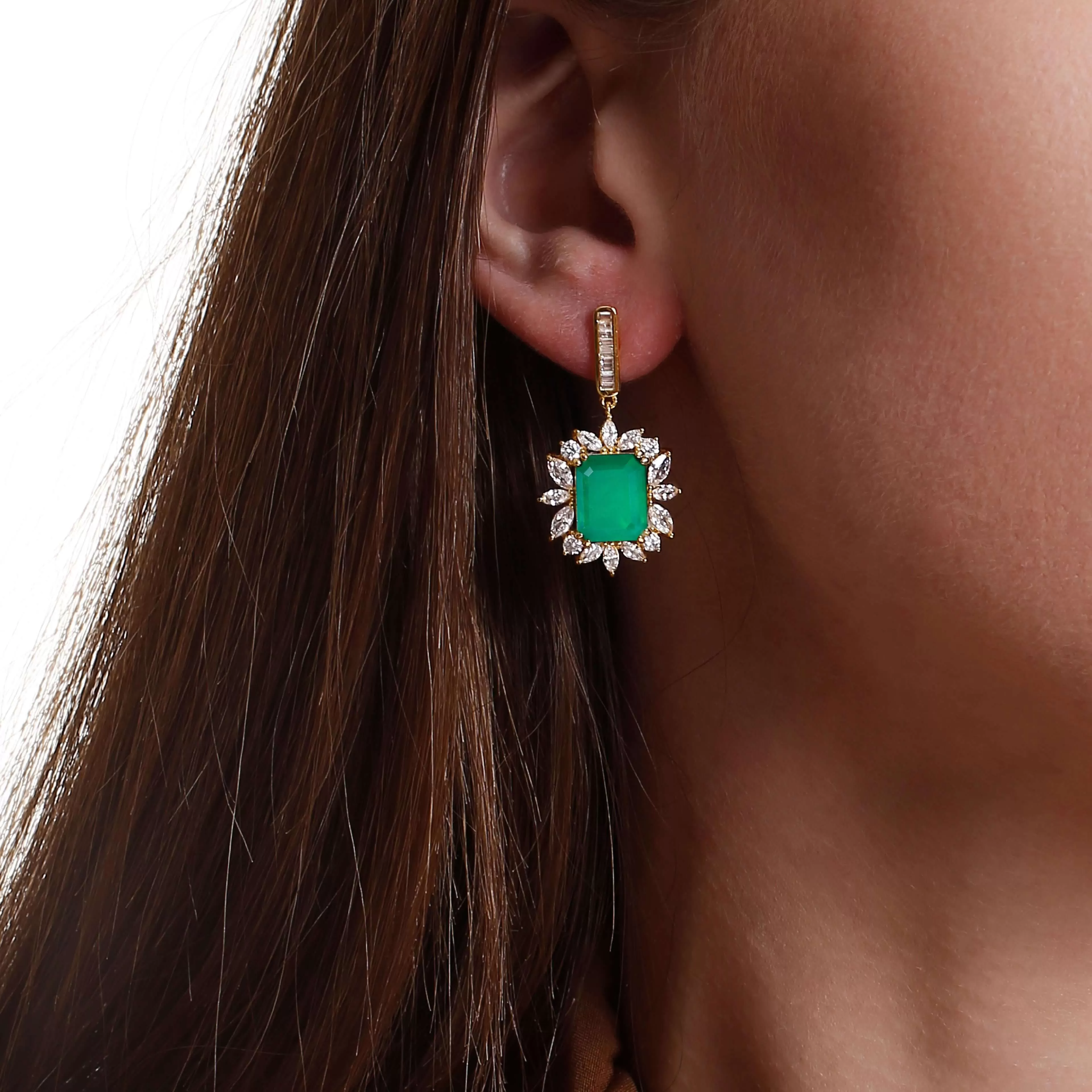 Emerald and Diamond Square Cut  Drop Earrings