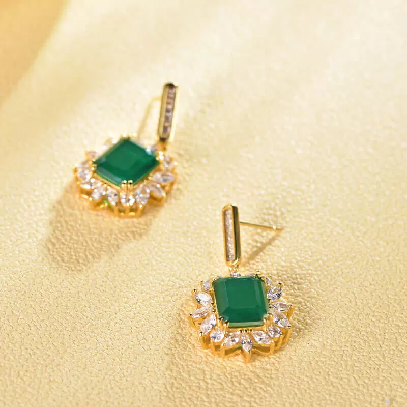 Emerald and Diamond Square Cut  Drop Earrings