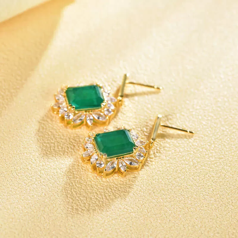 Emerald and Diamond Square Cut  Drop Earrings