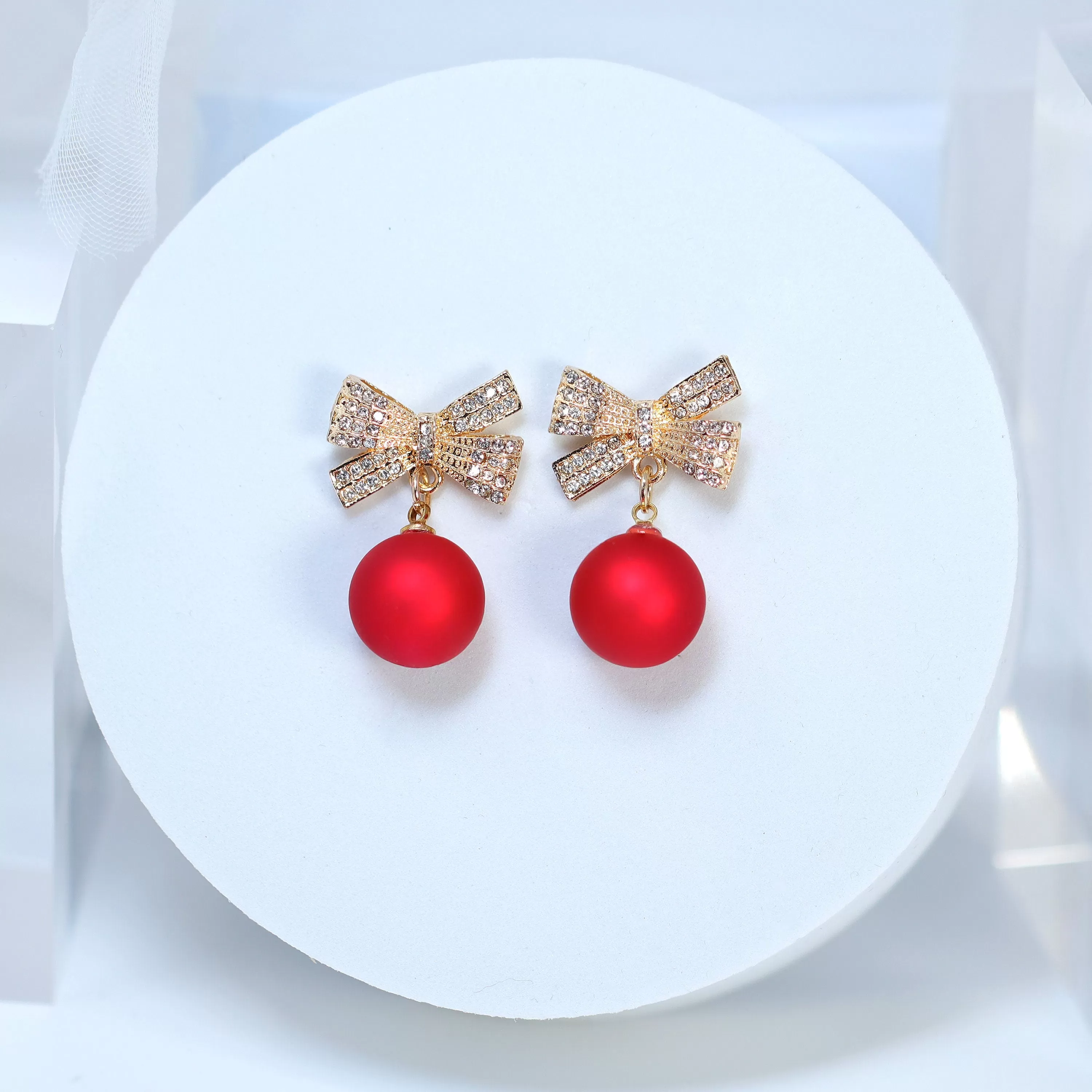 Golden Crystal Bow With Red Bow Drop Christmas earrings, Red Gold Christmas Earrings Statement Christmas earrings.